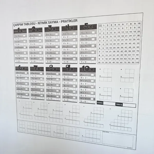 Statik Kağıt Çarpım Tablosu 100x100 cm Yapıştırıcısız Yaz Sil Eğitici Duvar Tablosu Tahta Kalemi Dahil