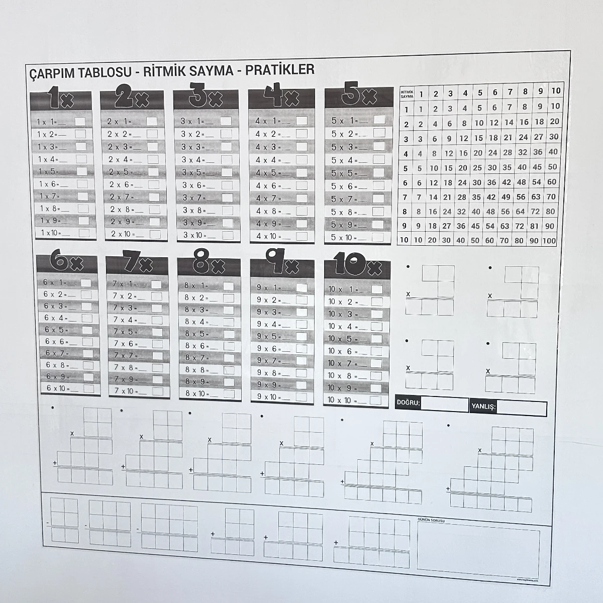 Statik Kağıt Çarpım Tablosu 100x100 cm Yapıştırıcısız Yaz Sil Eğitici Duvar Tablosu Tahta Kalemi Dahil