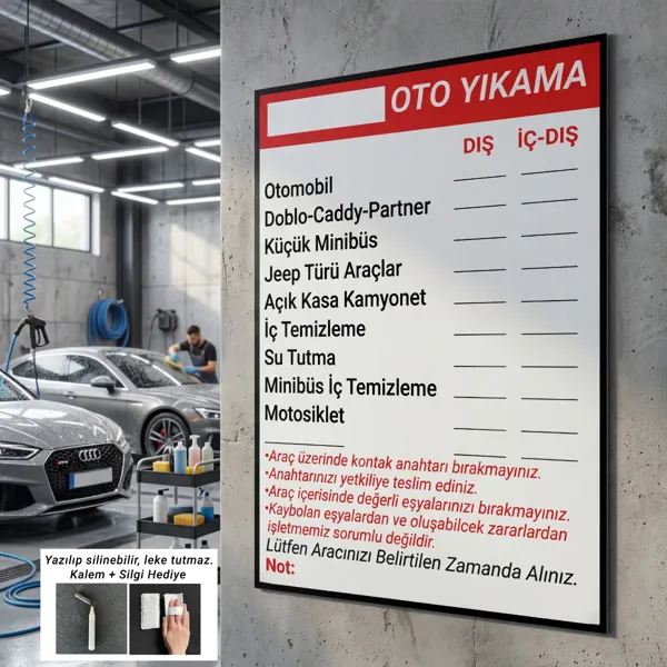 Yapışkanlı Oto Yıkama Fiyat Listesi (Model- 25)